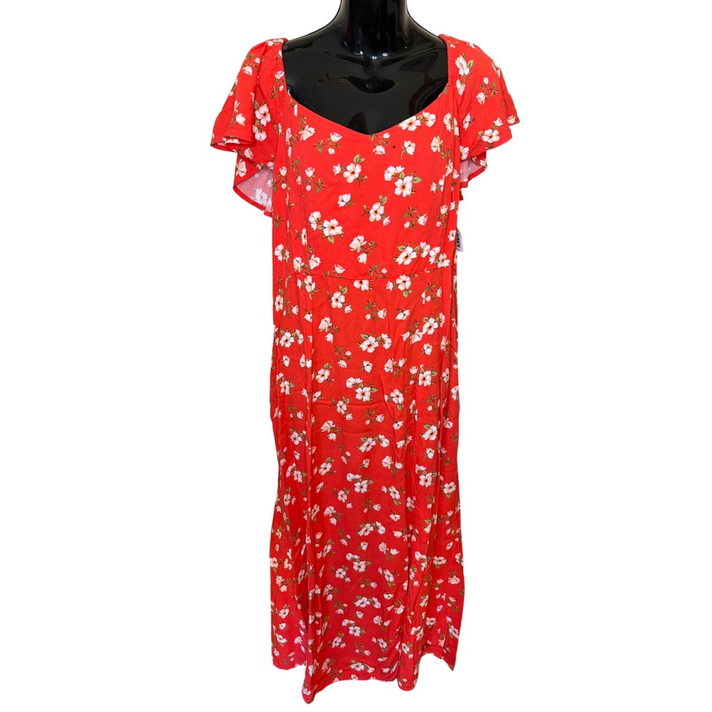 Old Navy Red Floral Smocked Back Midi Dress Flutter Sleeve L Tall NWT